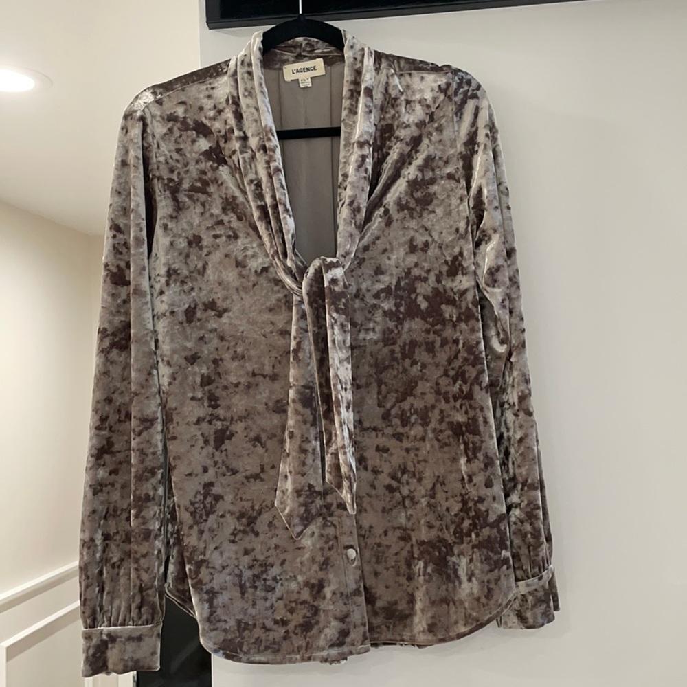 L’AGENCE Crushed velvet, button down, long sleeve bronze blouse